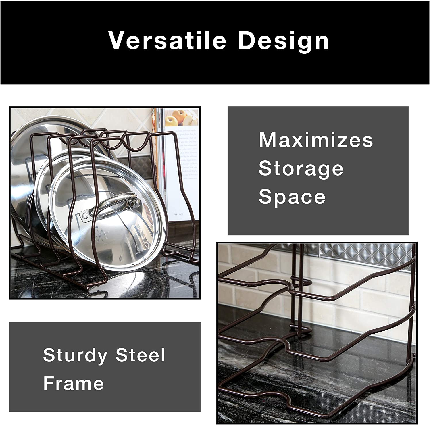 Bakeware and Lid Storage Rack with 4-Compartment Dividers