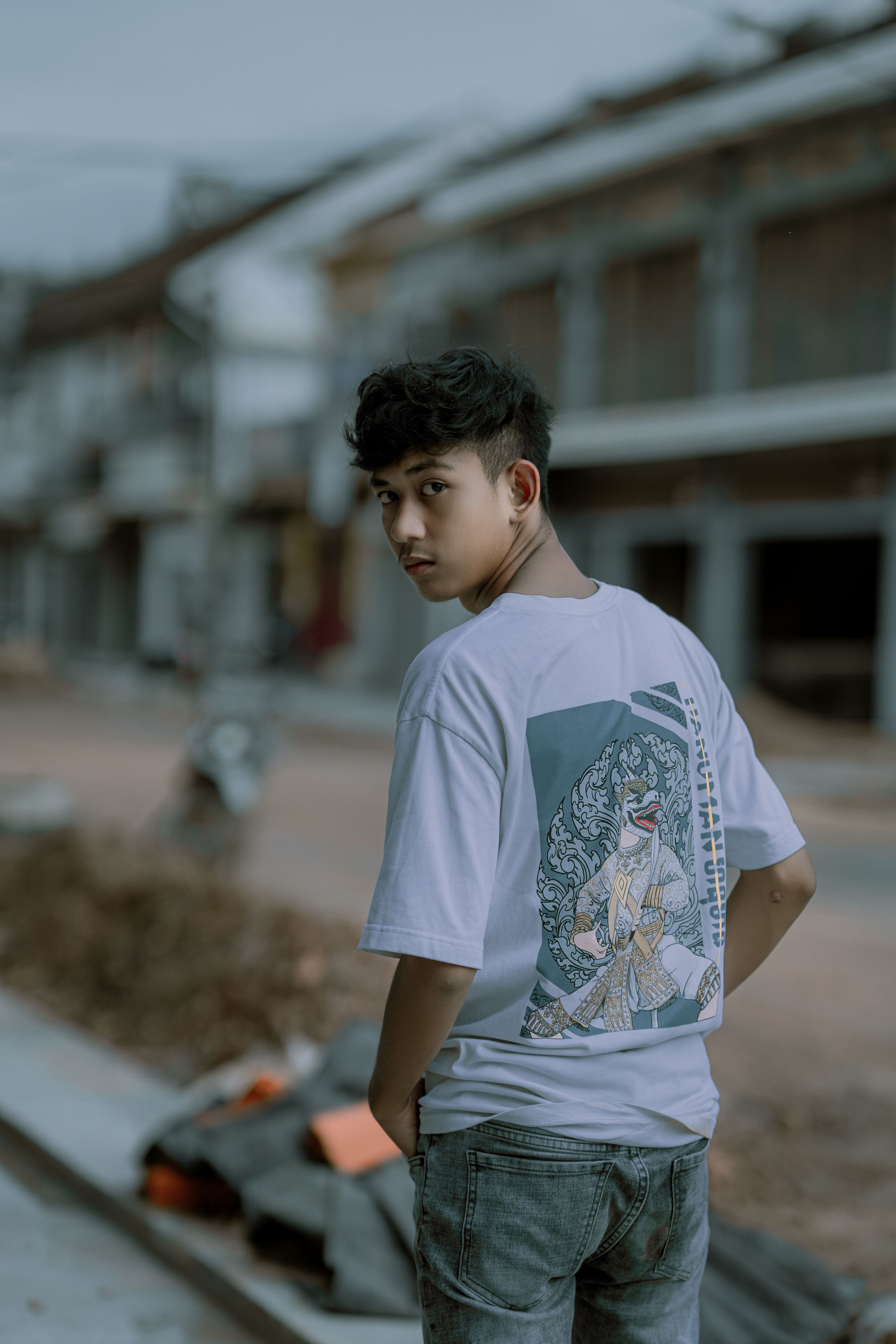 Japanese warrior art white anime graphic tee back view